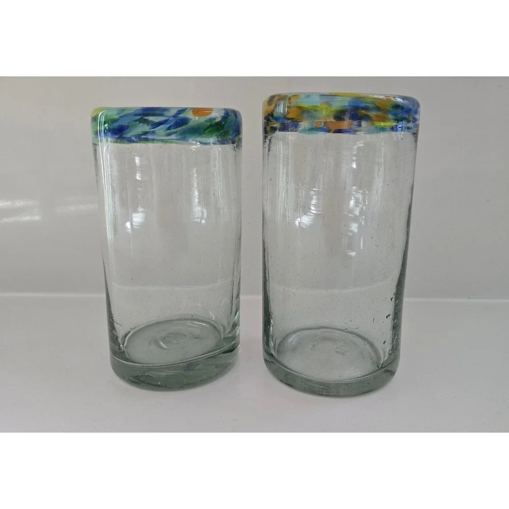 Mexican Hand Blown Highball Glasses Confetti Swirl Rim Recycled Glass Set of 2